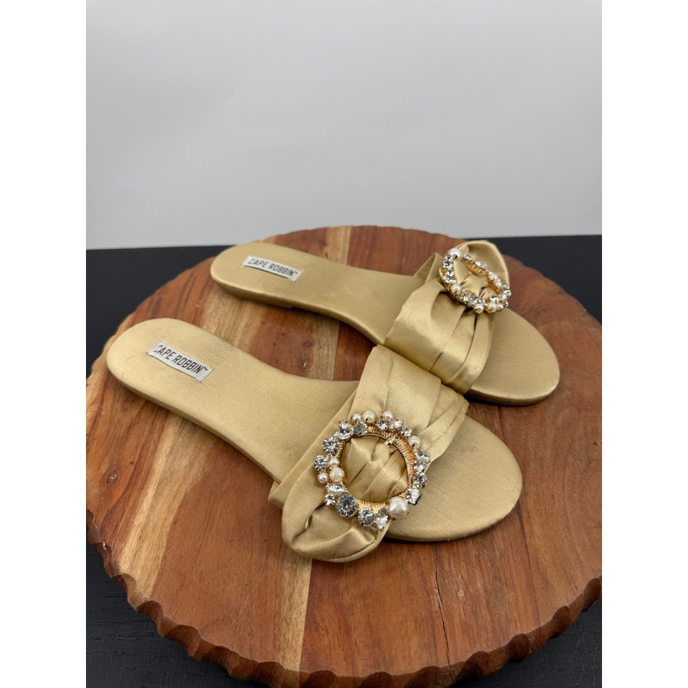 Cape Robbin Sadie Embellished Slide Sandals Women 9 Gold Satin Pearl Rhinestone